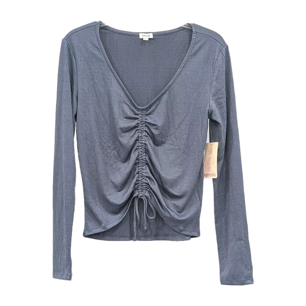 NWT Kensie Ruched Tie Front Shirt Medium Vintage‎ Blue Long Sleeve V-neck Casual